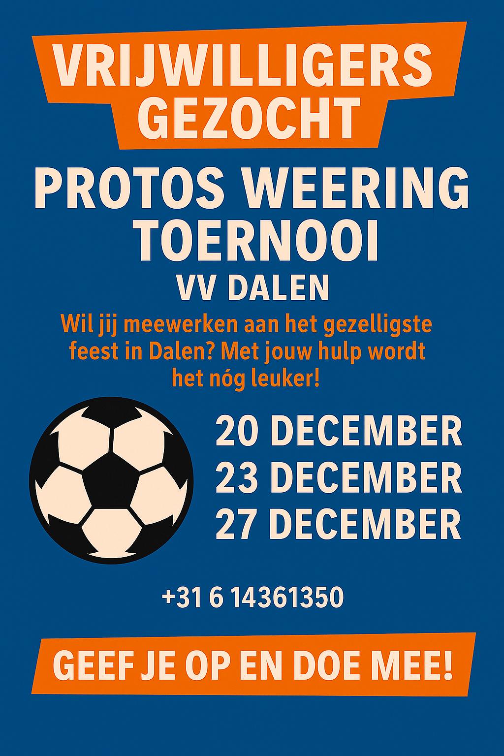 Vrijwilligers voor Protos Weering Zaalvoetbaltoernooi gezocht