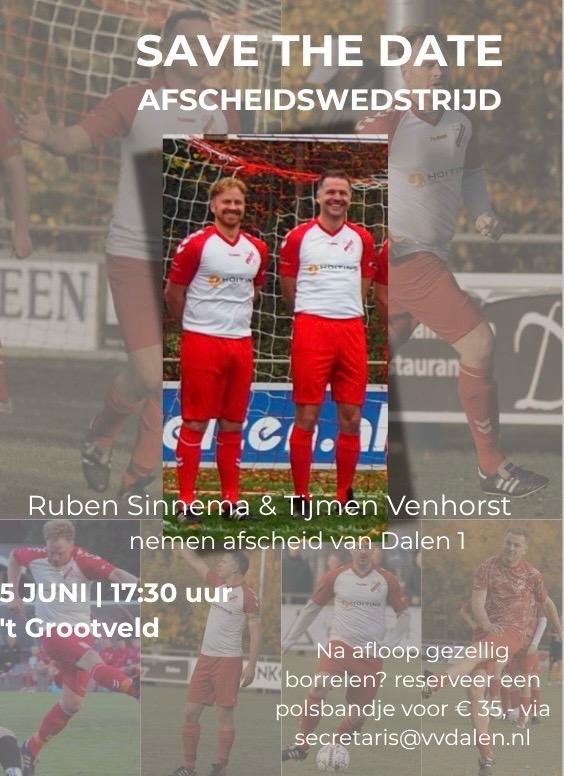 Kom op 5 juni naar afscheidswedstrijd van Ruben en Tijmen