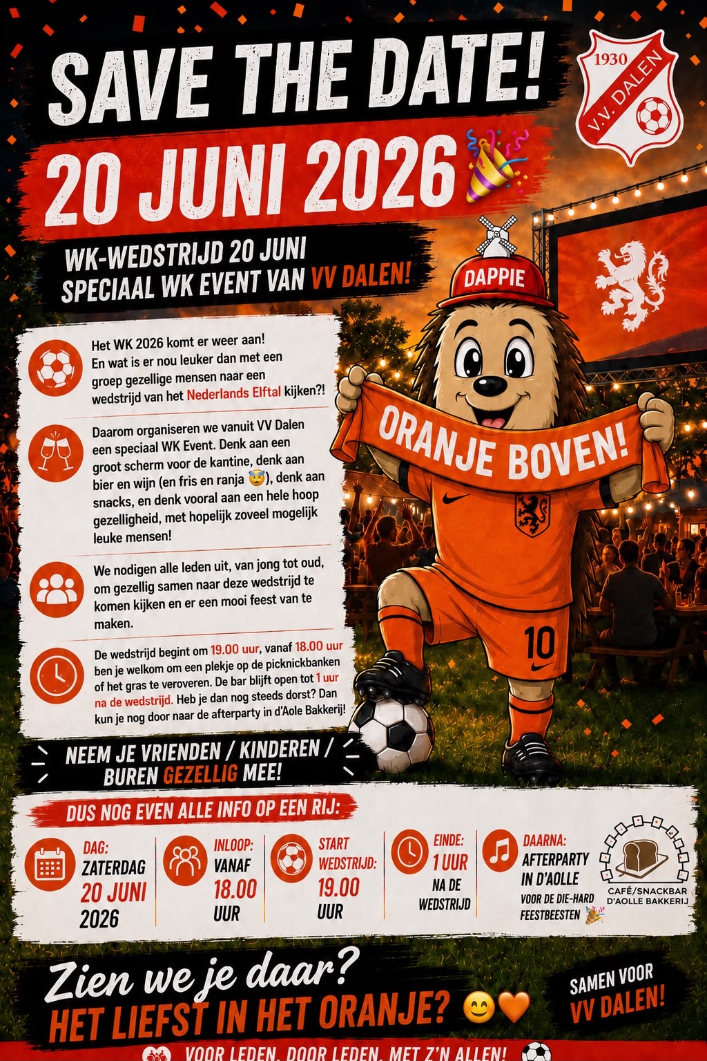 Kom Nederland-Zweden op groot scherm bij VV Dalen kijken
