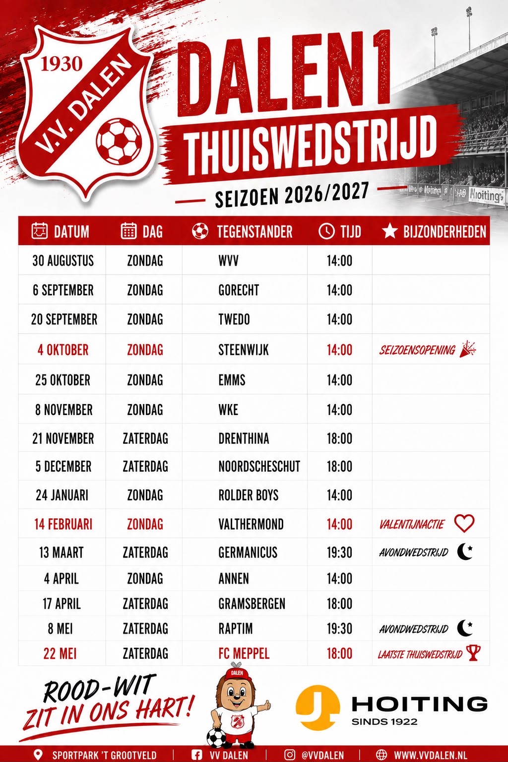 Alle thuiswedstrijden van Dalen 1