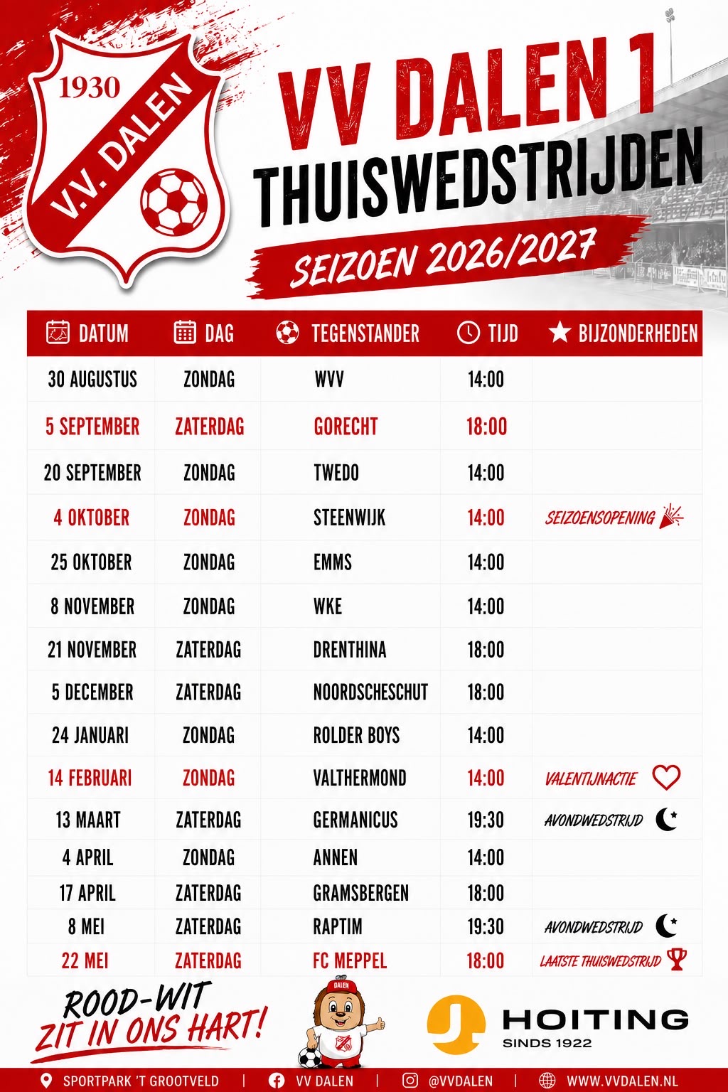 Alle thuiswedstrijden van Dalen 1